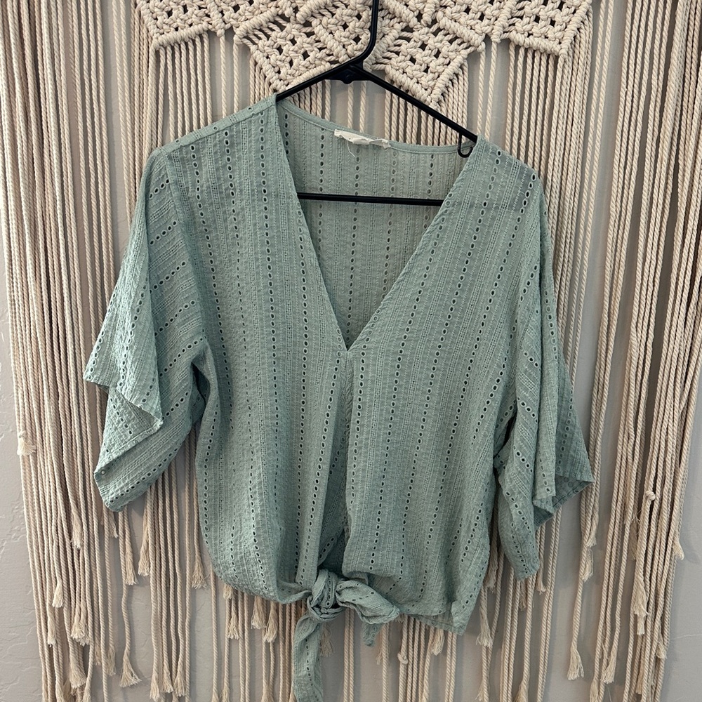 Lovestitch Seafoam Eyelet Tie-Front Blouse
